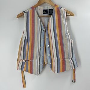 Liz Sport linen blend summertime striped vest button front pockets cottage core